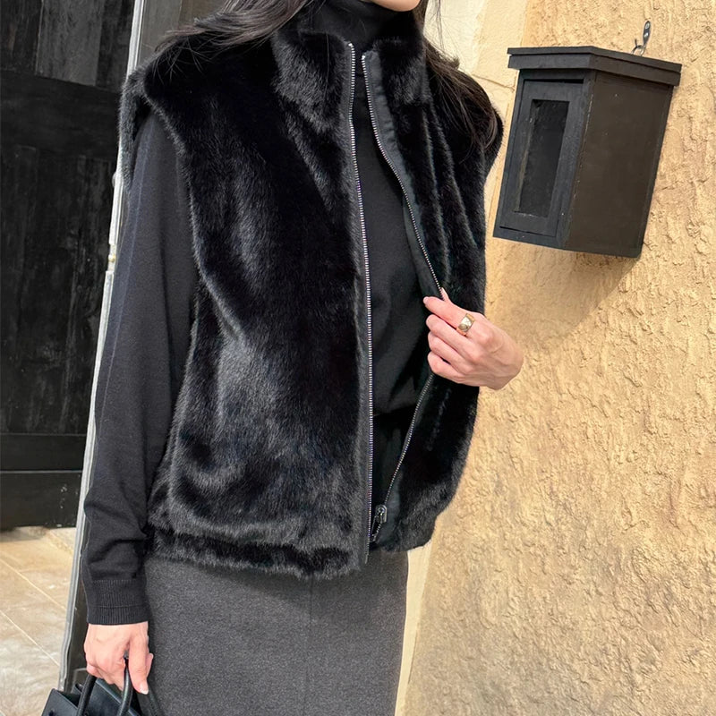 Women Korean Style Mink Fur Reversible Vest Coats Autumn Winter High-end Stand Collar Thick Warm Loose Casual Zipper Waistcoat