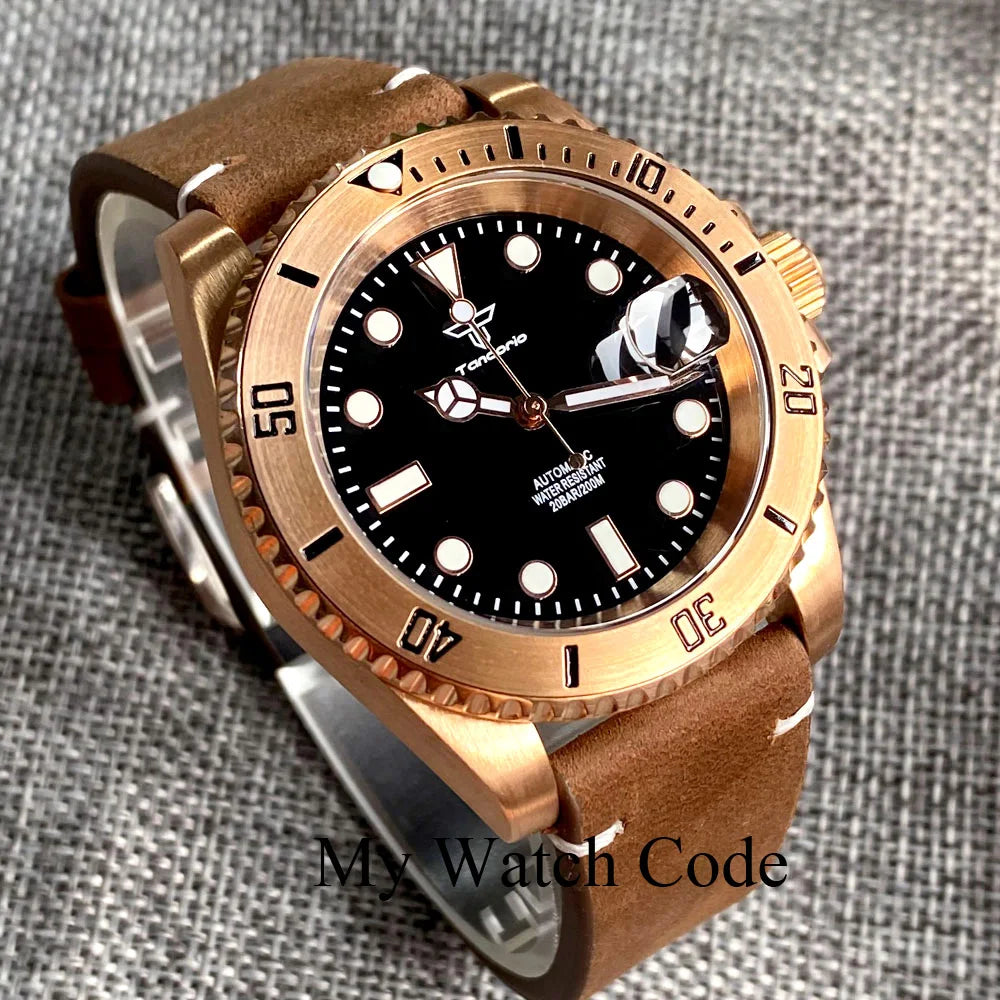 Tandorio Real Bronze Diver Mechanical Watch Men Sunburst Green Wristwatch NH35AA Movt Leather band Vintage Waterproof Lume Clock