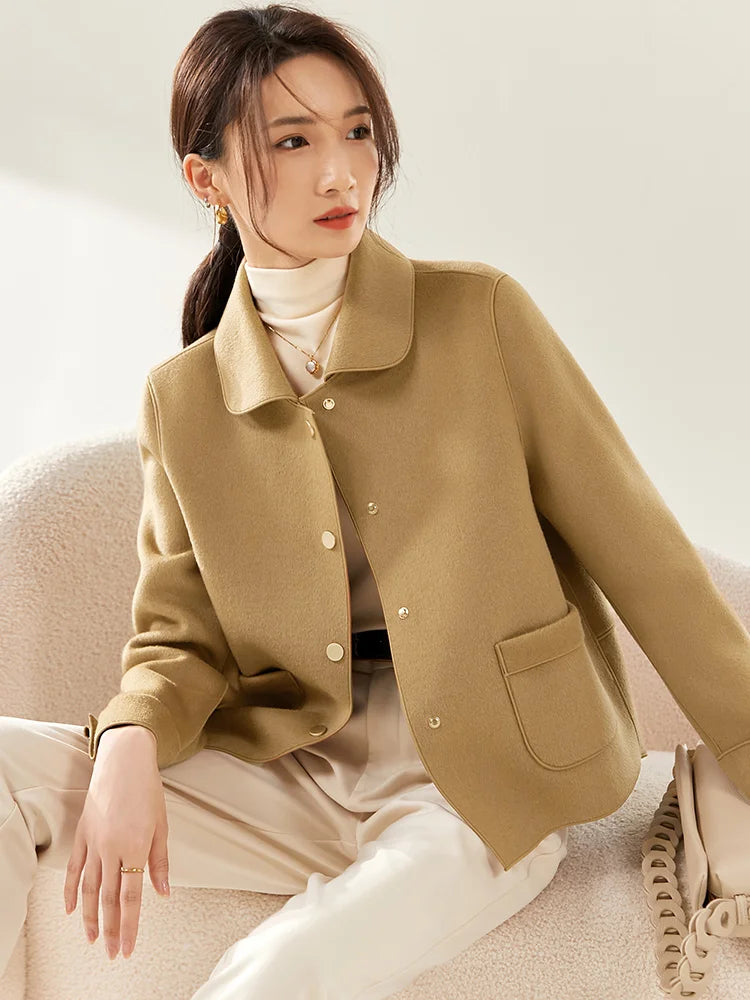 SENTUBILA Women 100% Wool Coat 2025 Office Lady Elegant Fashion Warm Solid Vintage Turn-down Collar Pocket Short Coats W24O43399