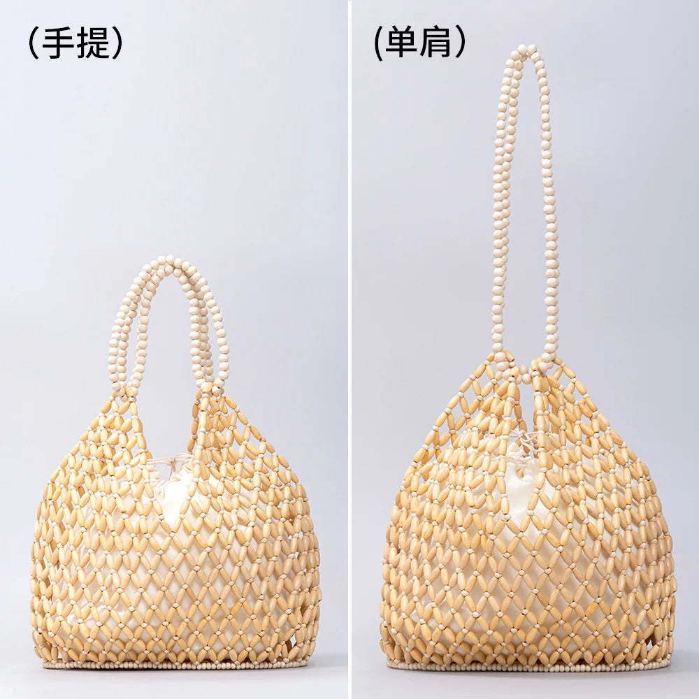 Simple Casual Handwoven Wooden Bead Handbag New Retro Versatile Summer Vacation Handheld Women's Shoulder Bags Water Bucket Bag