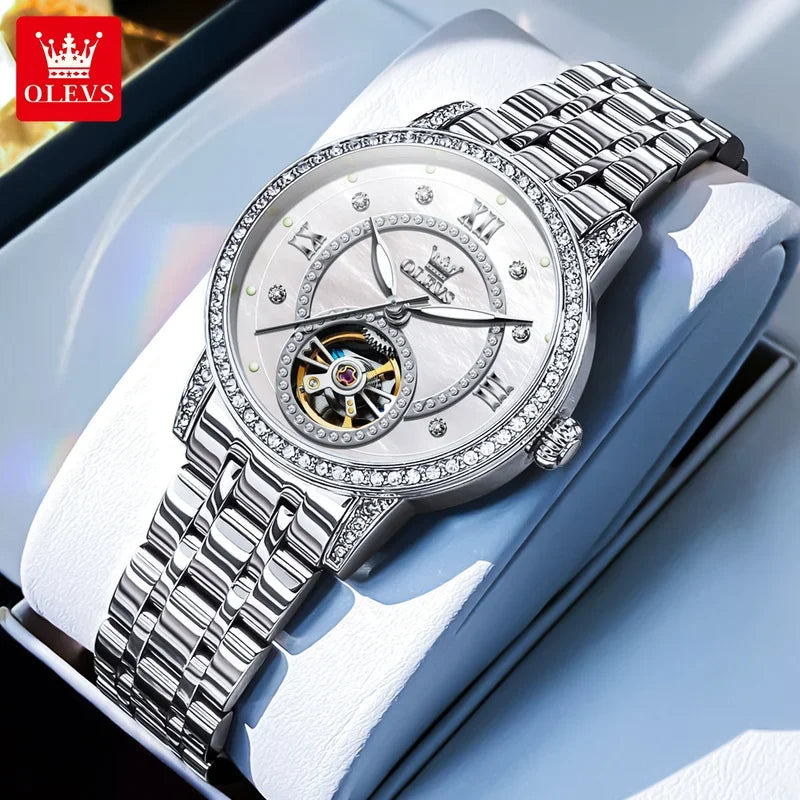 OLEVS Hollow Women's Watch Fully Automatic Mechanical Watch Luxury Diamond Inlaid Starry Sky Elegant Women's Brand Watch 7036