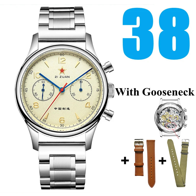 SEAKOSS 38mm Men's 1963 Chronograph Sapphire Mechanical Watches with Seagull Movement ST1901 Military Wristwatch Gooseneck 40mm