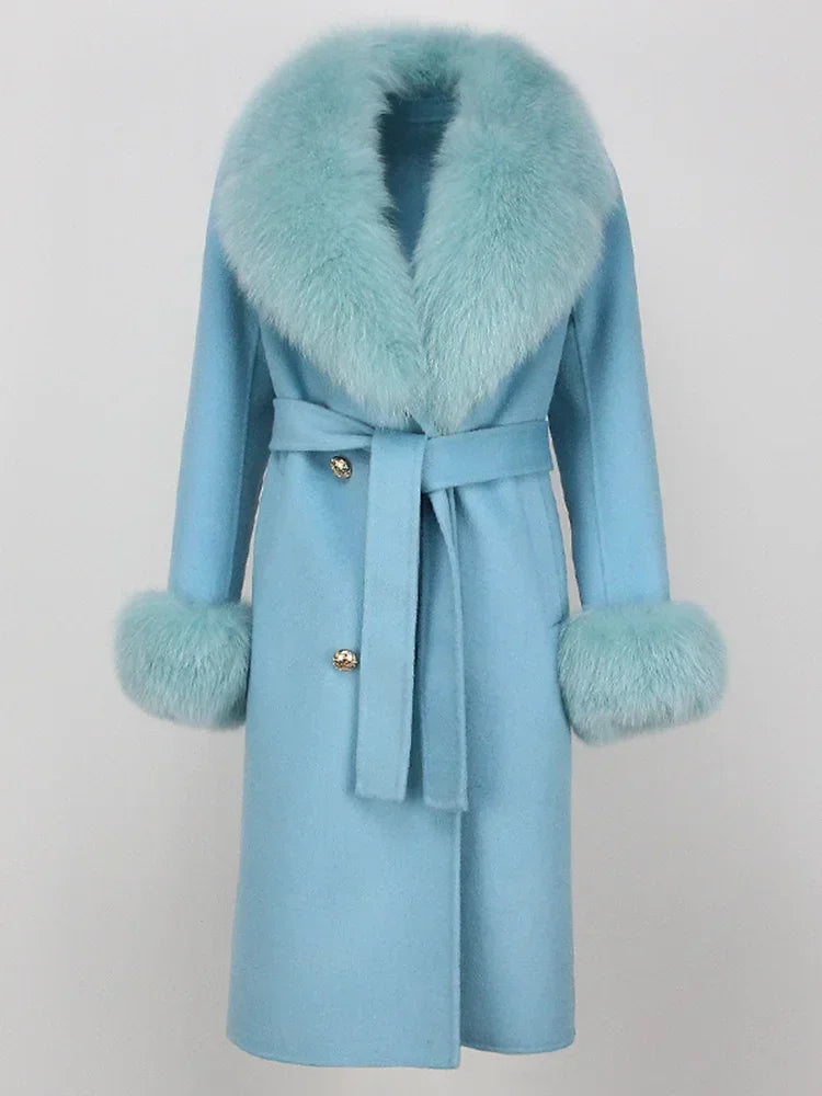 2024 Winter Jacket Women Long Natural Wool Blends Cashmere Real Fur Coat Double Breasted Belt Warm Wool Streetwear New Fashion