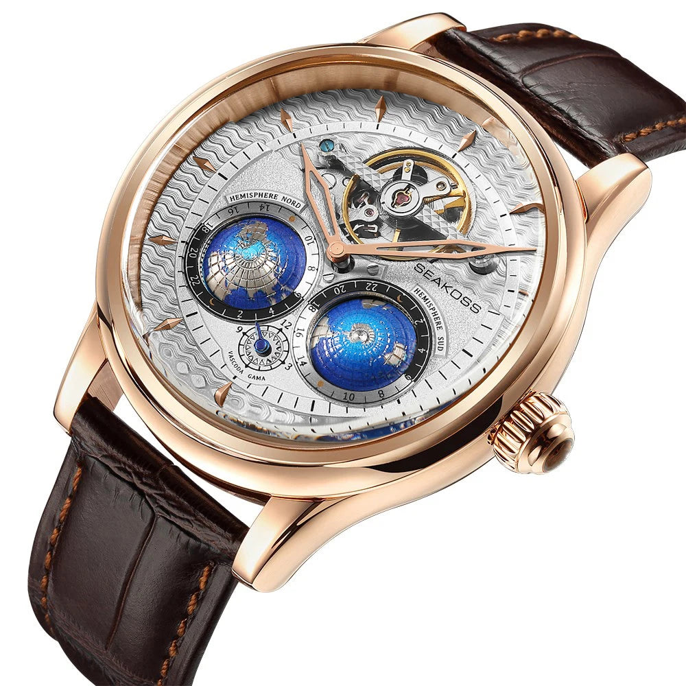 SEAKOSS 3D Double Earth Rotating Men's Mechanical Watch Automatic Movement Waterproof Clock Pilots Male 1963 Flywheel Watches