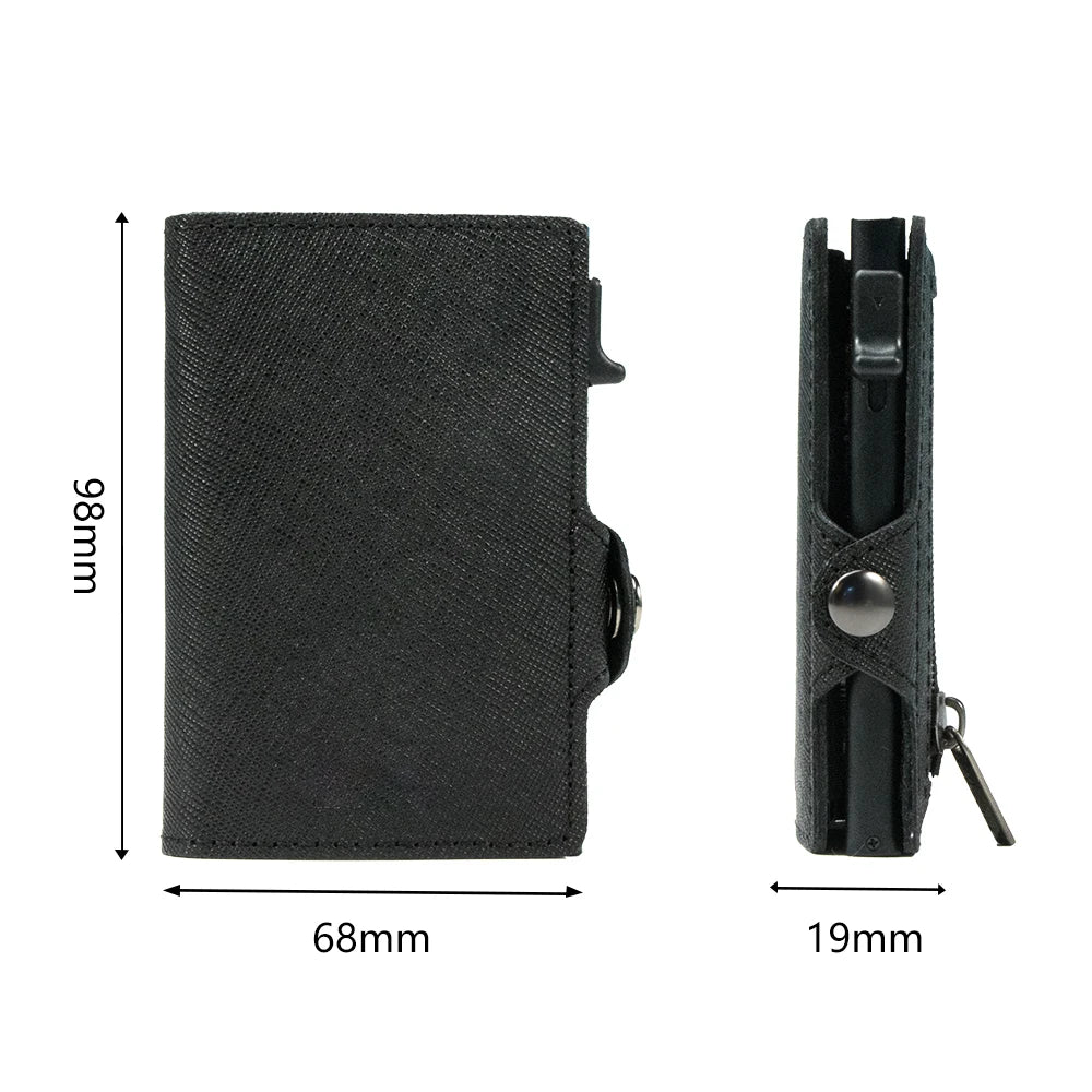 CASEKEY Slim Men Wallet Saffiano Genuine Leather Pop Up Credit Card Holder Billetera RFID Blocking Smart Wallet with Coin Purse
