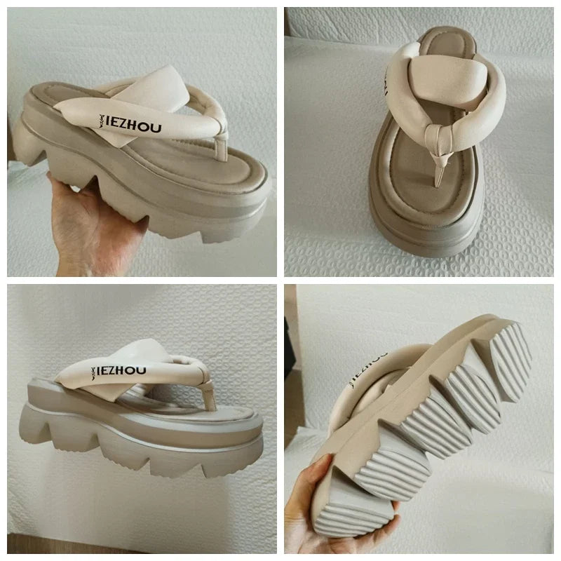 Koznoy 7.5cm Peep Toe Sheepskin Flip Leather Hollow Fashion Sandals Slippers Mary Jane Designer Women Summer Flats Loafer Shoes
