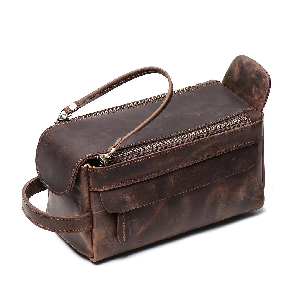 LUOKIR Vintage Multi-functional Genuine Leather Handbag Men's Makeup Bag Large Capacity Crazy Horse Leather Toiletry Organizer