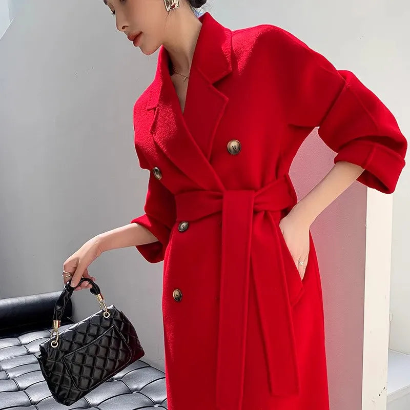 High Quality Double Sided 100%Wool Coat Women Long Double Breasted Elegant Loose Cashmere Winter Jacket