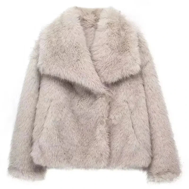 TRAFZA Women Faux Fur Jacket Coat Casual Loose Long Sleeve Lapel Warm Coats Female Winter Fashion Lady Chic Streetwear Jakcets