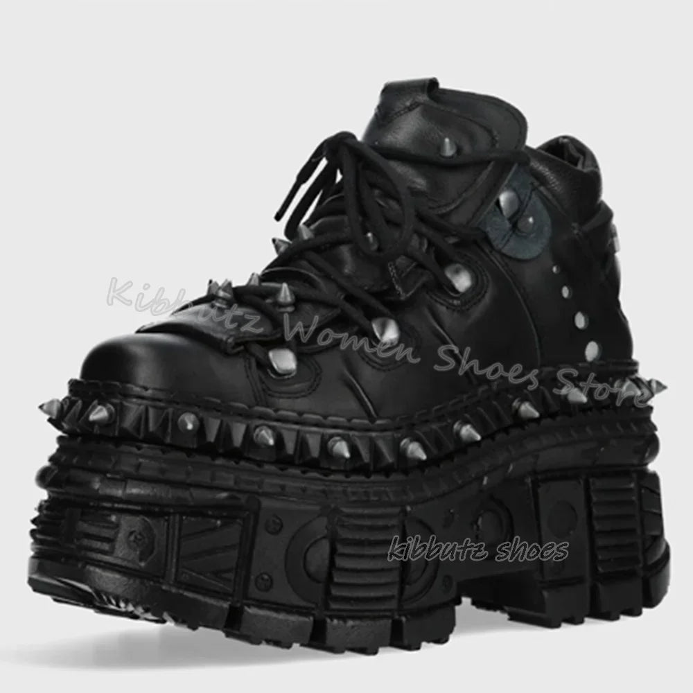 Rivets Gothic Sneaker Thick Bottom Platform Punk Rock Dark Style Lace-Up Fashion Sexy Women Shoes Round Toe Genuine Leather New