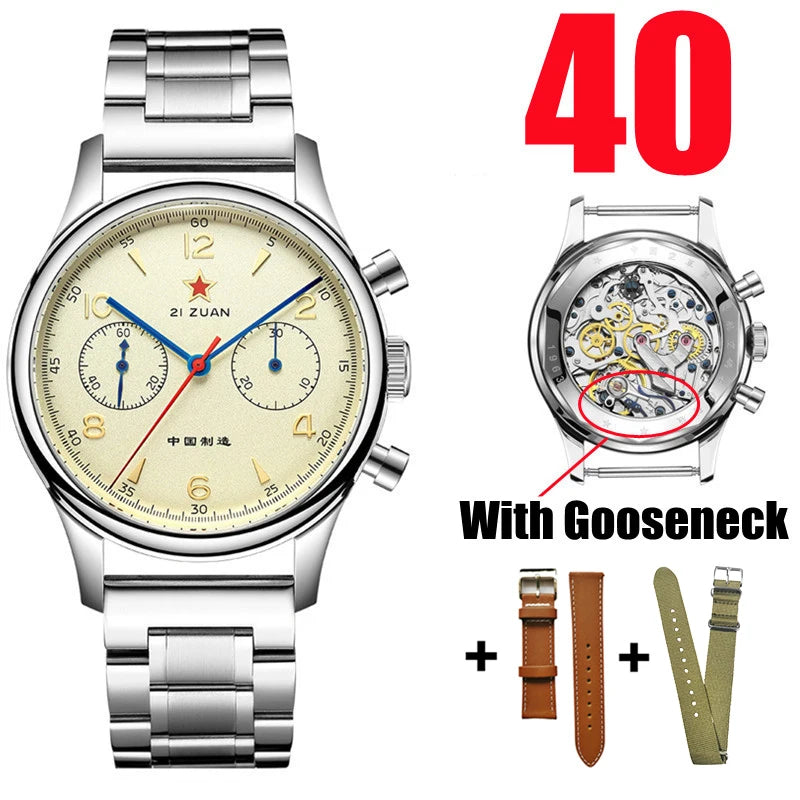 Red Star 1963 Chronograph 38mm Men's Mechanical Pilot with Seagull ST1901 Movement Watch Air Force Aviation 40mm Stop WristWatch