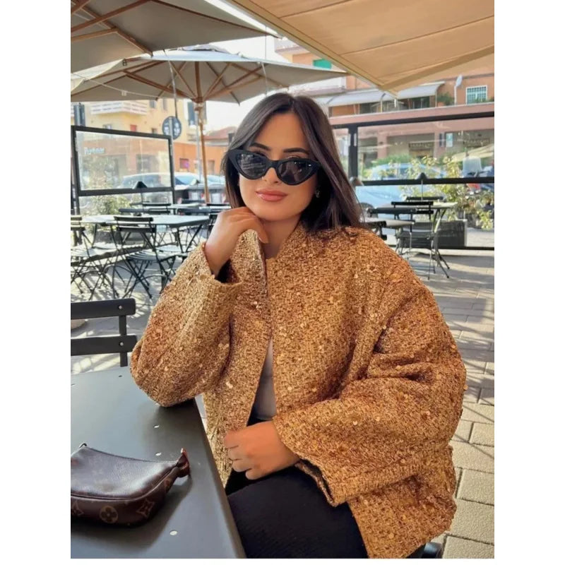 Jinia trendy sequins gold jacket for women 2024 loose stand collar long sleeve club jacket 2024 autumn office ladies outwear