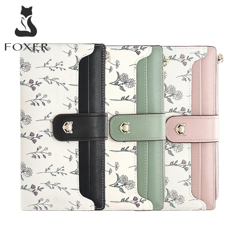 FOXER New Women's Long Wallet Fashion Multi-card Clutch Slot Card Holder Signature Versatile PU Floral Wallet Zipper Coin Purse