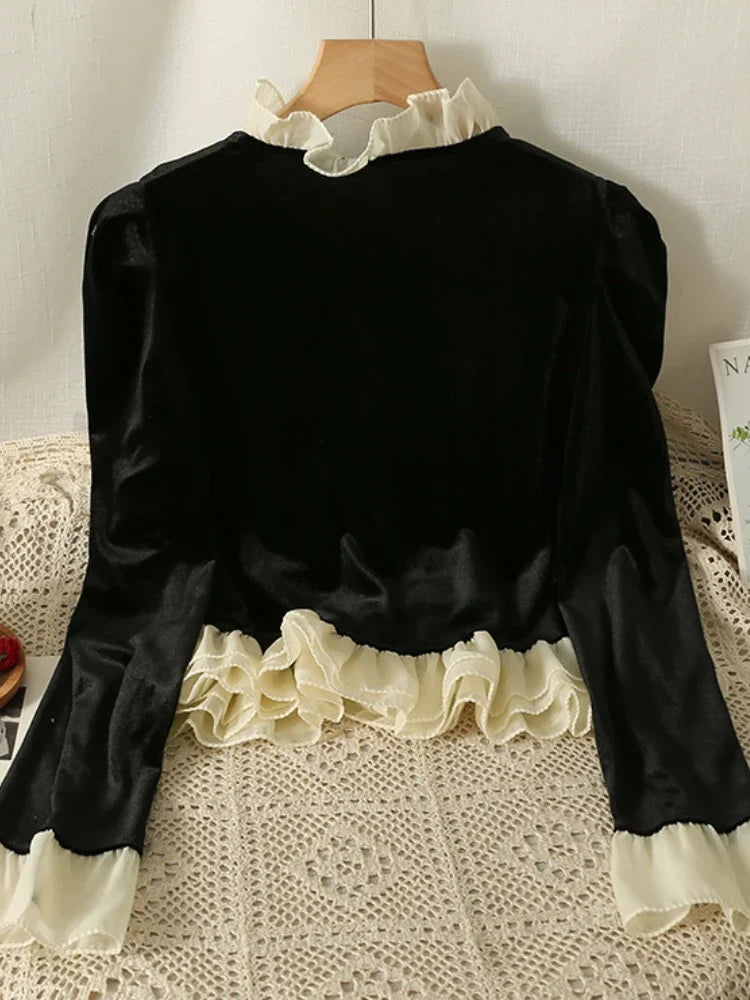 Velvet Jackets for Women Vintage Ruffles Design Temper Fashion French Style Aesthetic Clothes All-match Soft Autumn Winter Mujer