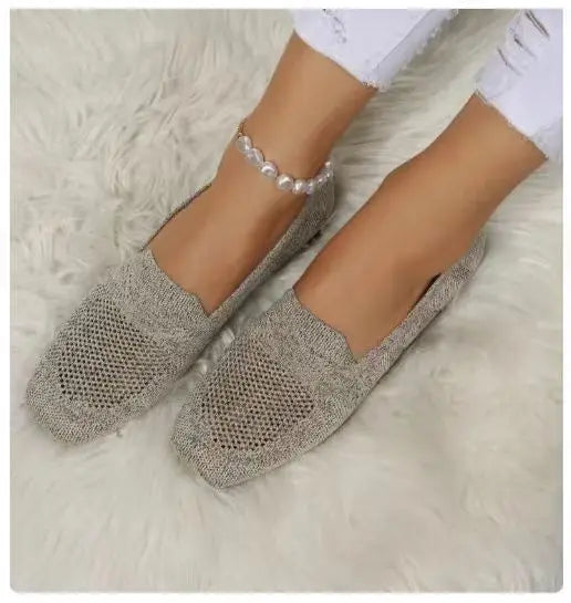 Flat Mesh Knitted Striped Flats Shoes for Women Autumn New Light Slip on Flat Casual Shoes Ladies Square Toe Breathable Sneakers