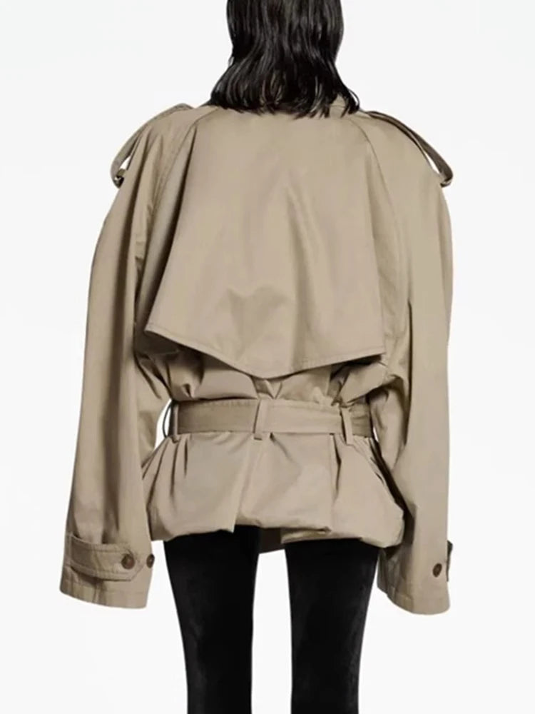 DEAT Fashion Women Cotton Trench Coat Lapel Raglan Sleeve Double Breasted Solid Color Short Windbreaker Autumn 2025 New 7AB1302