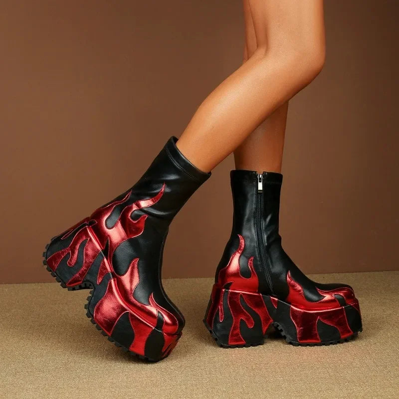 2024 Women's High Quality Thick High Heels, Thick Sole Side Zipper Boots, European and American Fashion Flame Show Shoes