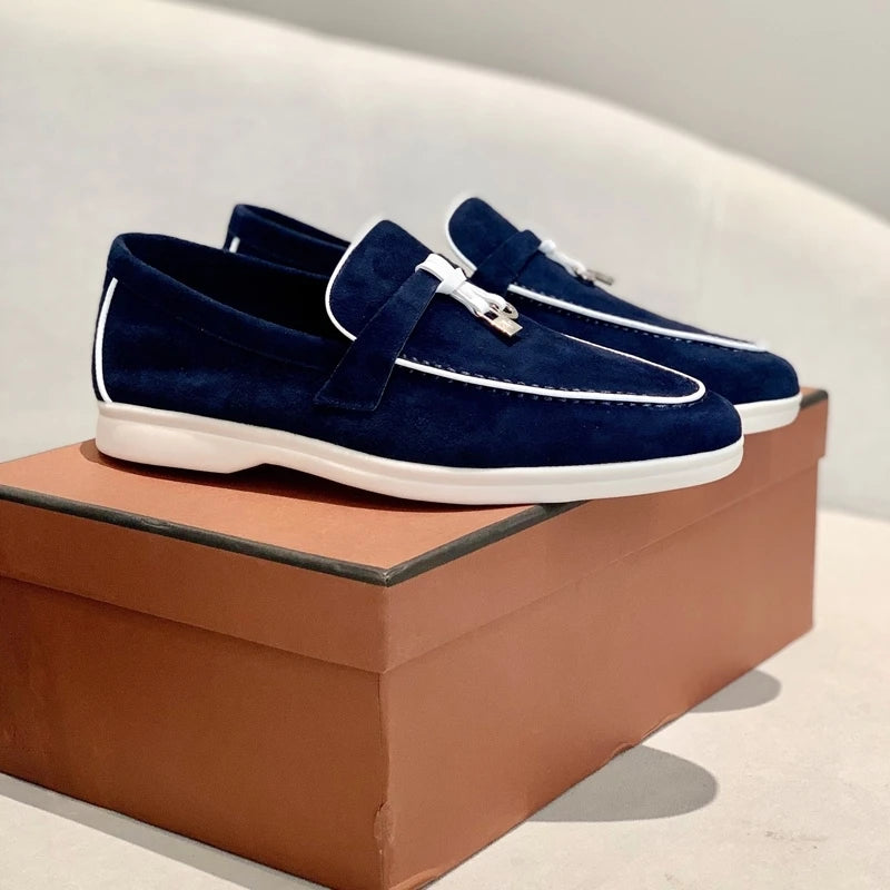 2025 Men's Flat Loafer Summer Top Quality Suede Leather Tassel Metal Buckle Pink Slipper Mules Comfortable Slip on Shoes
