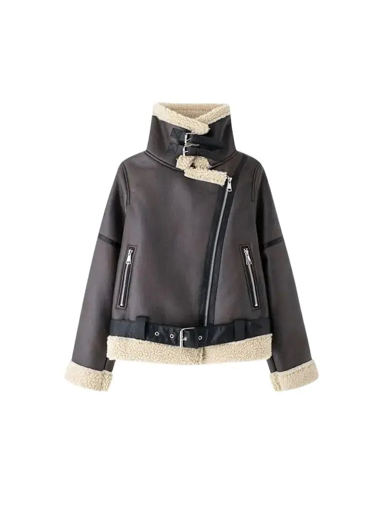 TRZA-Women's Thick Warm Suede Jacket with Belt, Long Sleeve Coats, Faux Shearing, Female Outerwear, Chic Tops, Winter Fashion