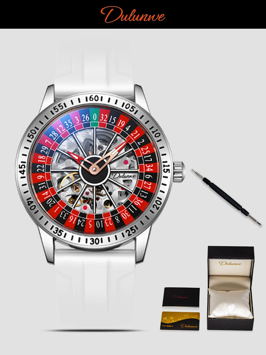 DULUNWE Men's Automatic Watch Luxury Rotating Roulette Mechanical Skeleton 30M Waterproof