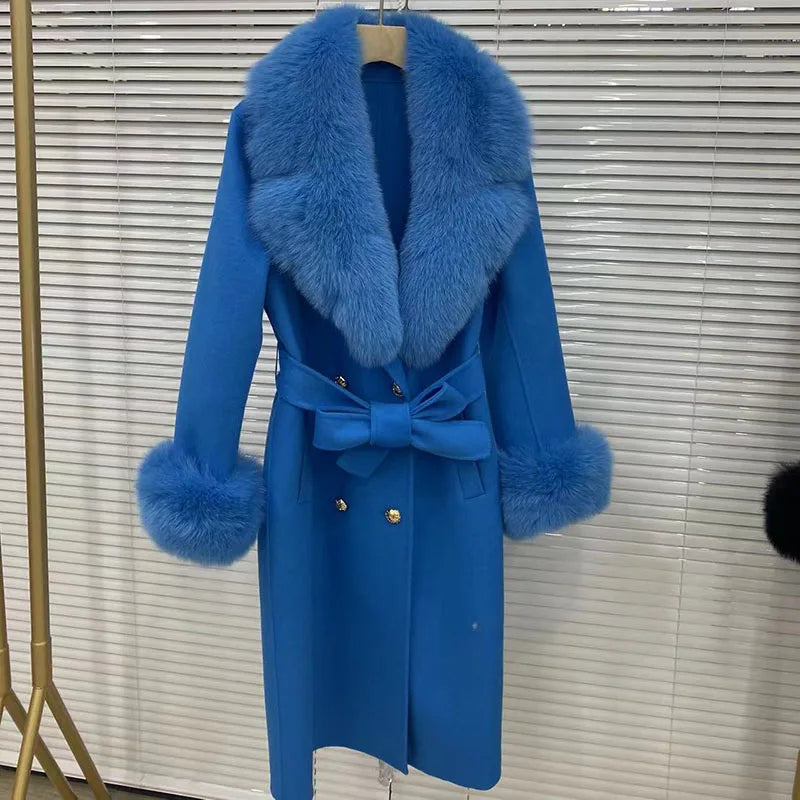 Long Women Wool Blended Coat With Big Real Fox Fur Collar Fashion Slim Winter Wool Jacket With Belt Outwear With Fox Fur Cuff