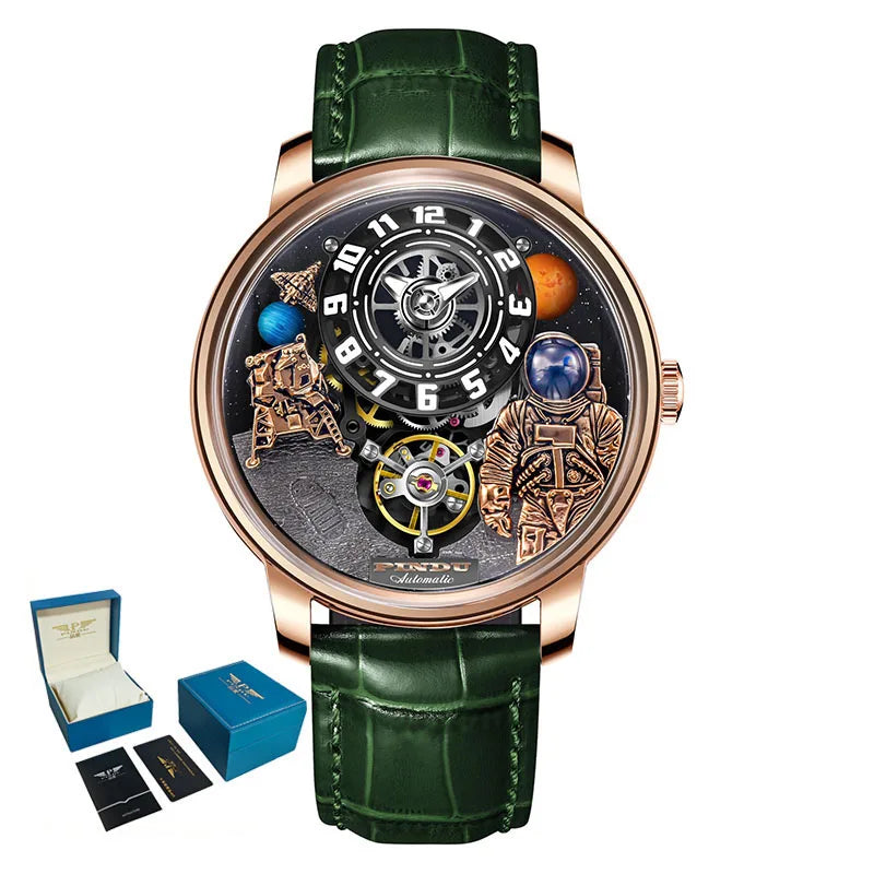 Pindu Men's Luxury and Fashion Personalized Astronaut Dial Fully Automatic Mechanical Green Tourbillon Waterproof Watch