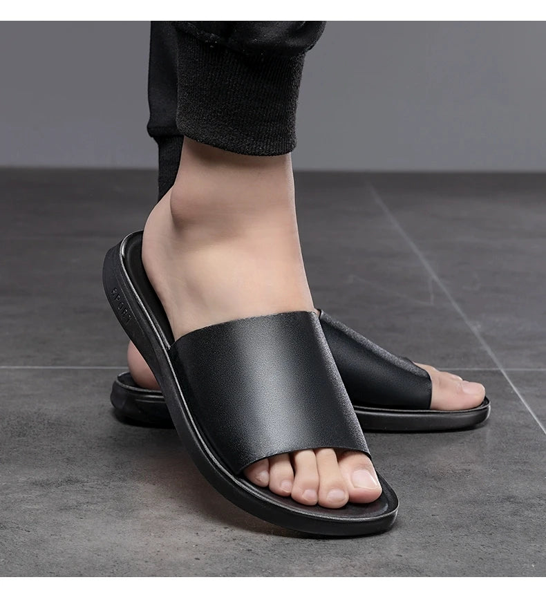 Slippers Men's beach shoes,Summer New Male slides,Peep Toe slippers Black/Brown calf leather shoes Adults Teenagers USA Fashion