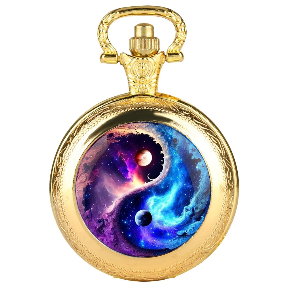 Creative Yin-Yang Planet Dome Quartz Pocket Watch Arabic Numeral Dial Vintage Men Women Necklace Pendant Creative Clock Gifts