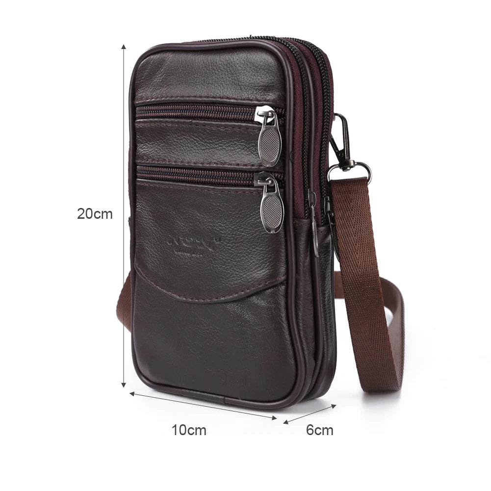 Men's Leather Small Messenger Bag Multi-Pockets Business Satchels Genuine Leather Crossbody Bags Fanny Belt Packs Phone Pouch