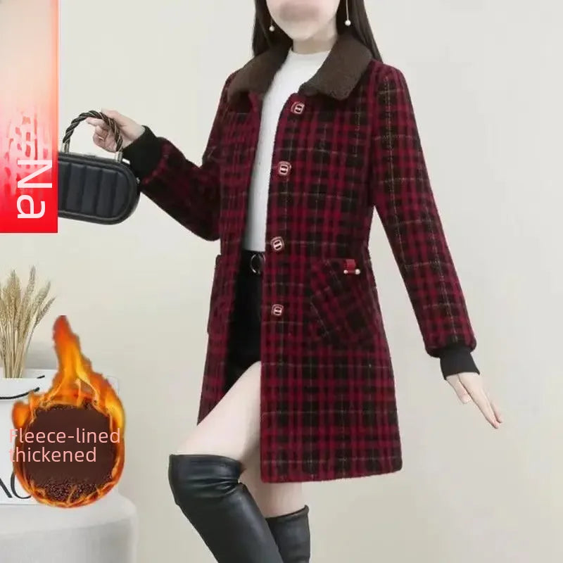 Elegant Fashionable Stylish High-end Medium-length Jacket Integrated Fleece Thickened Overcoat Women's Square Collar Wool Blends