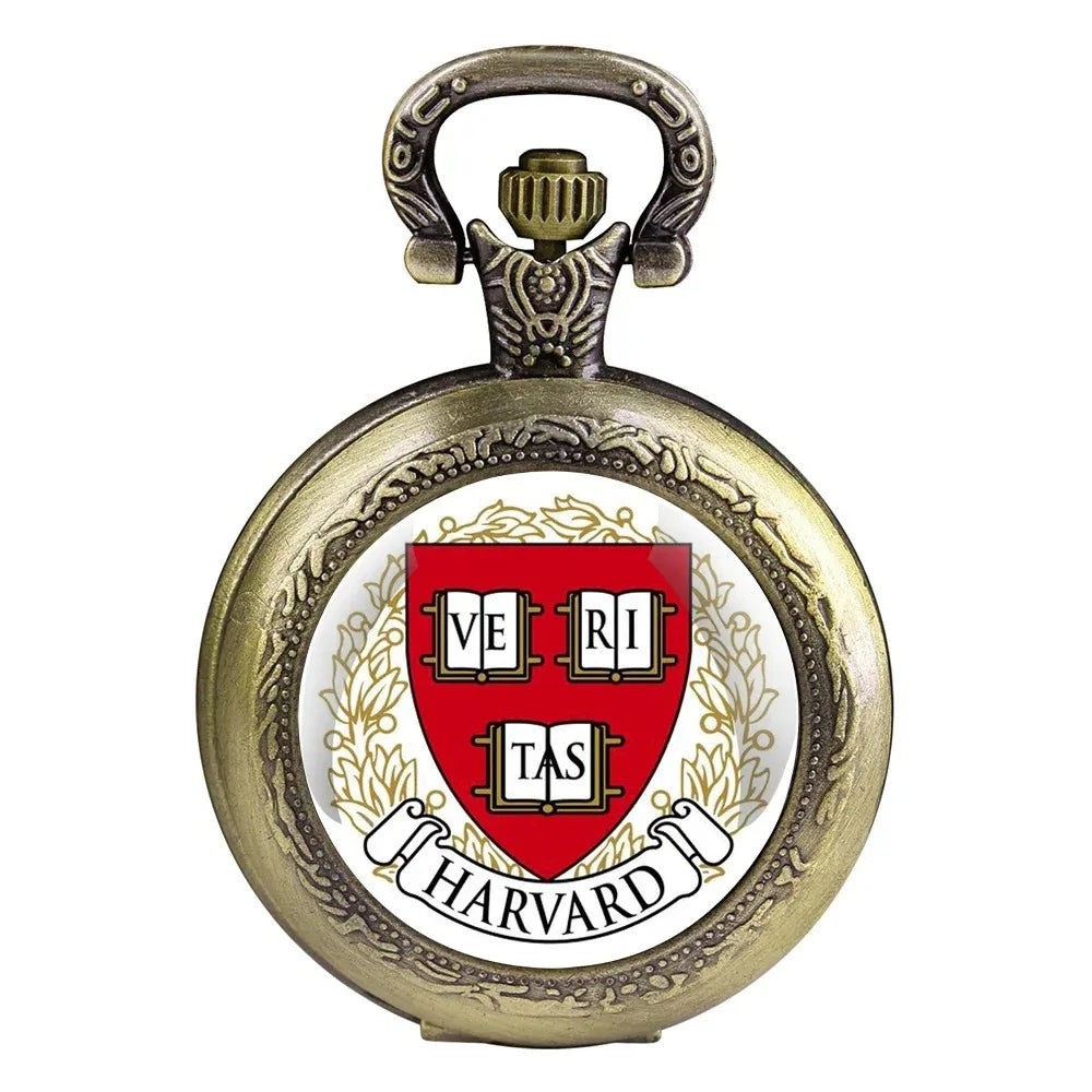 Harvard University Logo Glass Dome Quartz Pocket Watch with Chain for Men and Women Exquisite Jewelry Accessories birthday Gifts