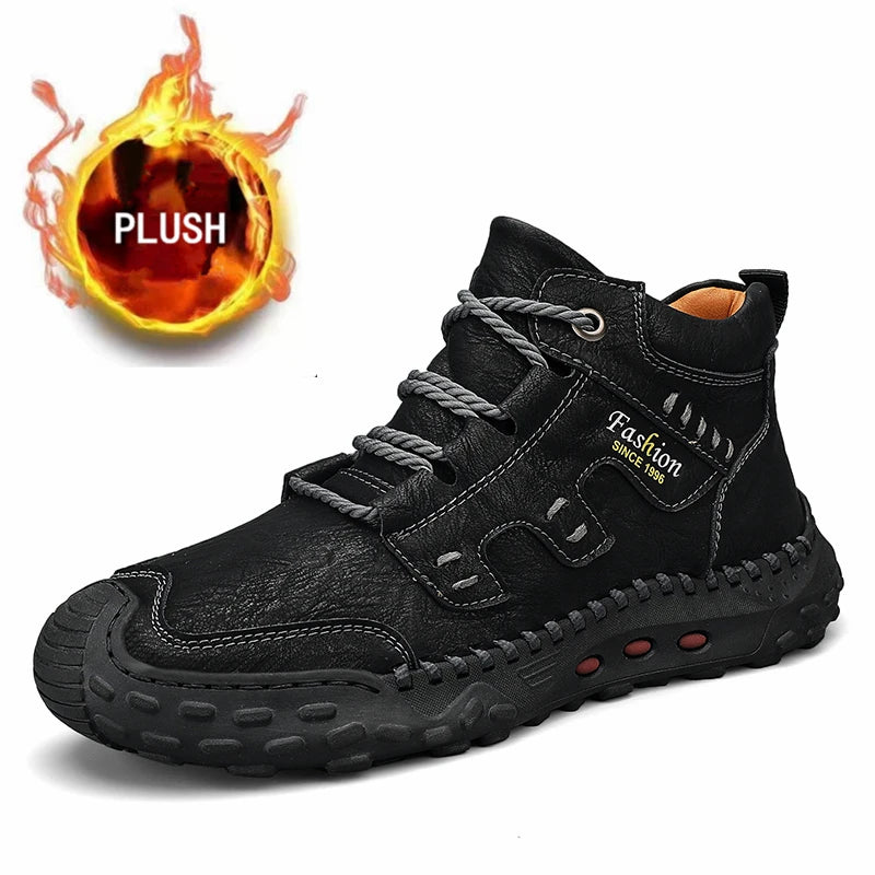 Microfiber Leather Men Boots Outdoor Sports Non-slip High-top Hiking Shoes for Men Optional Plush Winter Ankle Boots Big Size