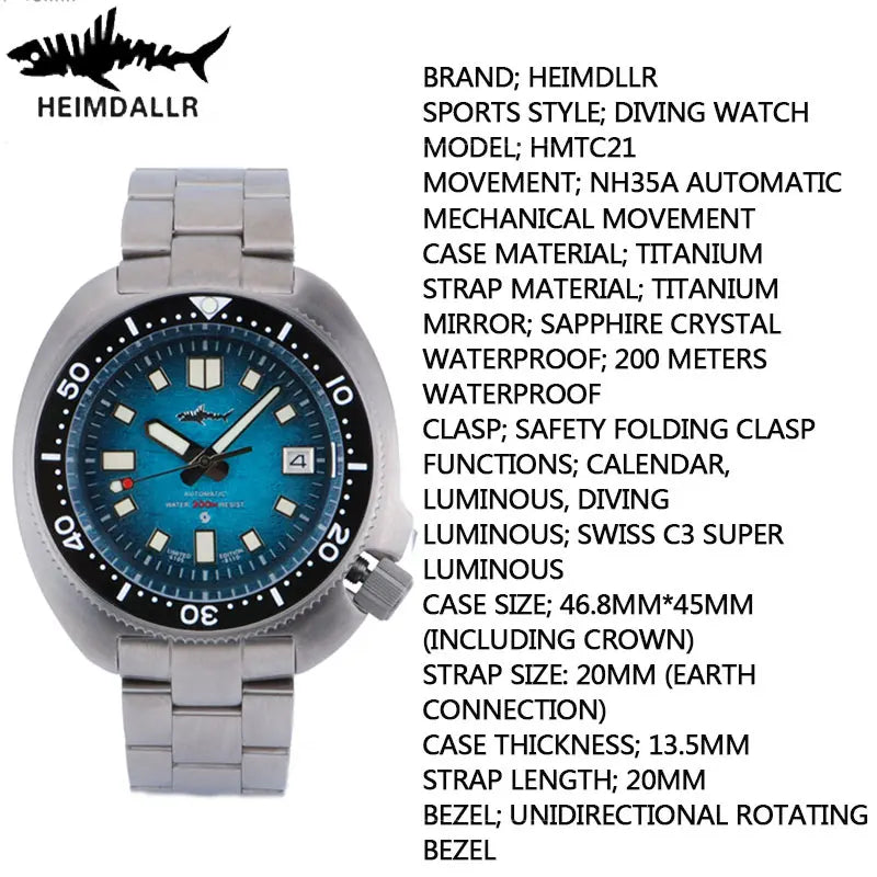 HEIMDALLR Turtle Men Diver Watch Titanium Case Sapphire Crystal NH35 Automatic Movement Mechanical Wristwatches Waterproof 20Bar