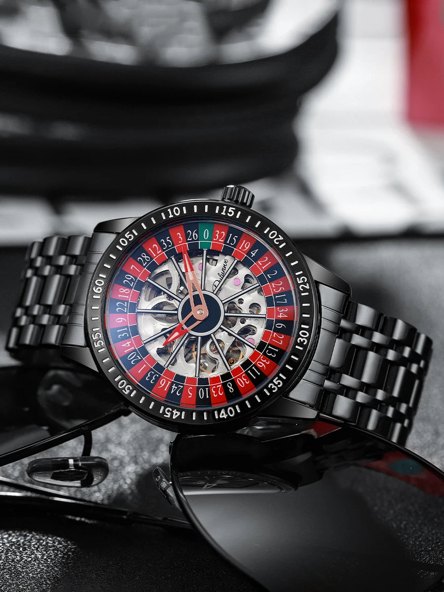 DULUNWE Men's Automatic Watch Luxury Rotating Roulette Mechanical Skeleton 30M Waterproof