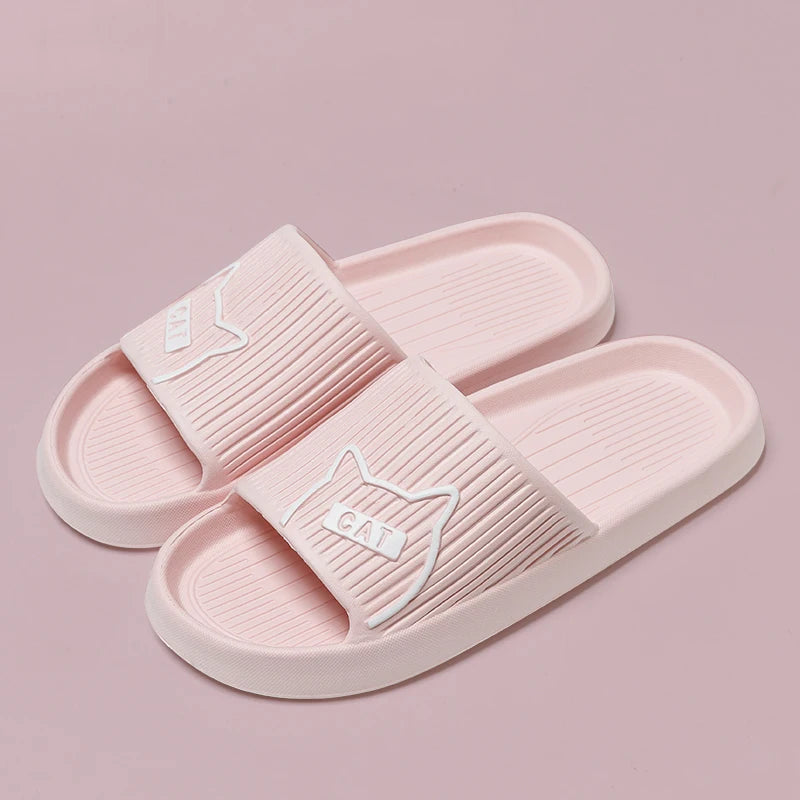 Women Slippers Bath Thick Platform Non-Slip Home Cat Cartoon Flip Flops Summer Beach Sandals Couple Slides Indoor Shoes