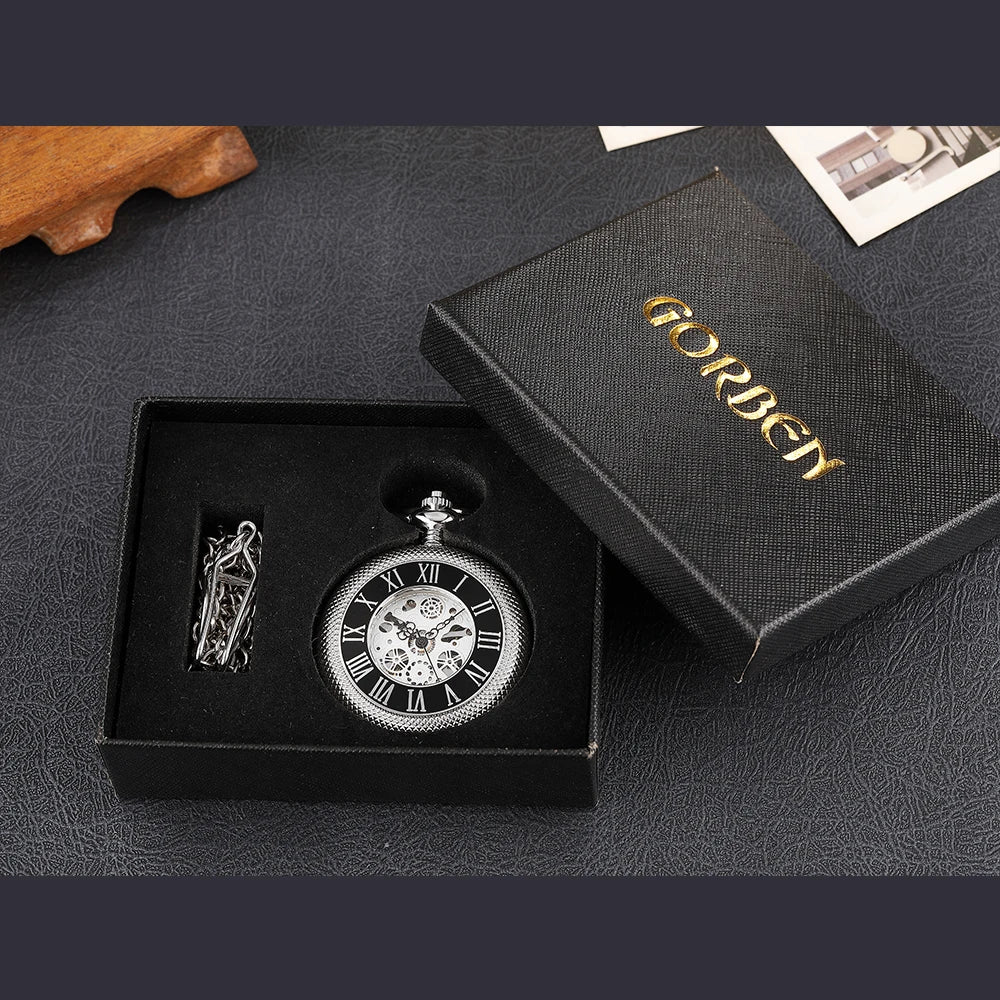 Retro Mechanical Pocket Watch Red Cross Hand-winding Silver Edelweiss Sculpture Hollow Vintage Skeleton Watches Men FOB Chain