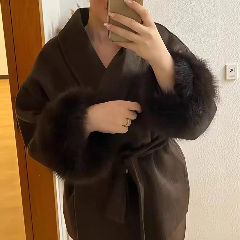 Elegant Lace Up Fur Patchwork Coat Women Loose Solid Long Sleeve V-neck Open Stitch Coats Female 2025 Autumn Fashion Lady Jacket