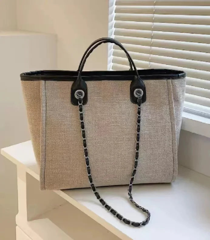 Custom Monogram Canvas Tote Bag Initial Bag Handbag Beach Bag Birthday Gift Bag with Chain Tote Bag Summer Holiday Bag