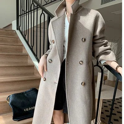 High Quality Double Sided 100%Wool Coat Women Long Double Breasted Elegant Loose Cashmere Winter Jacket
