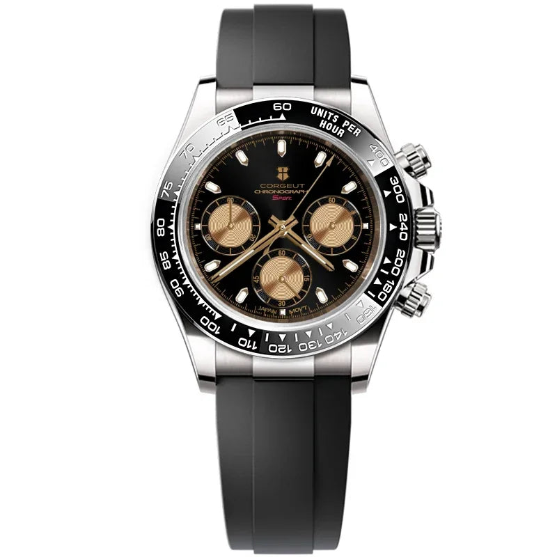 CORGEUT VK63 High Luxury Quartz Movement Silica Gel Sports Men's Watches Sapphire Flat Mirror Watch for Man Run Seconds