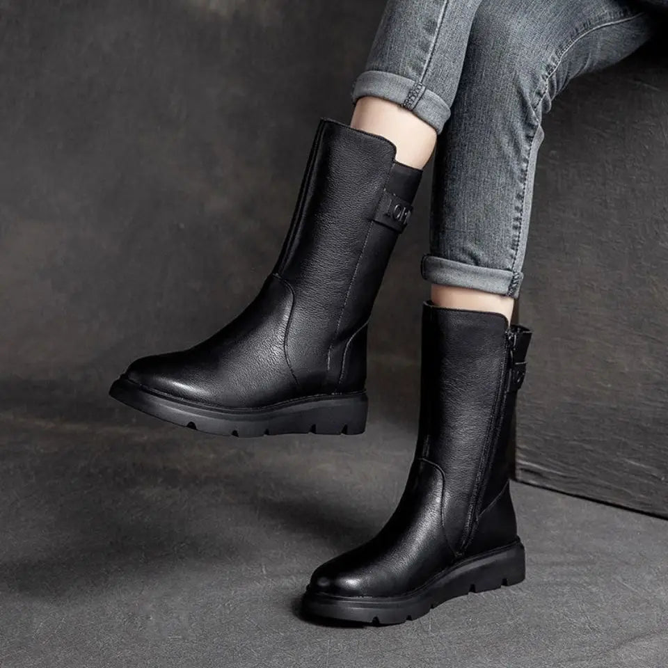 Footwear Mid Calf Women's Boots Wedge Heel Biker Shoes For Woman Half High Leather Brown Fashion 2024 On Offer Korean Style Y2k