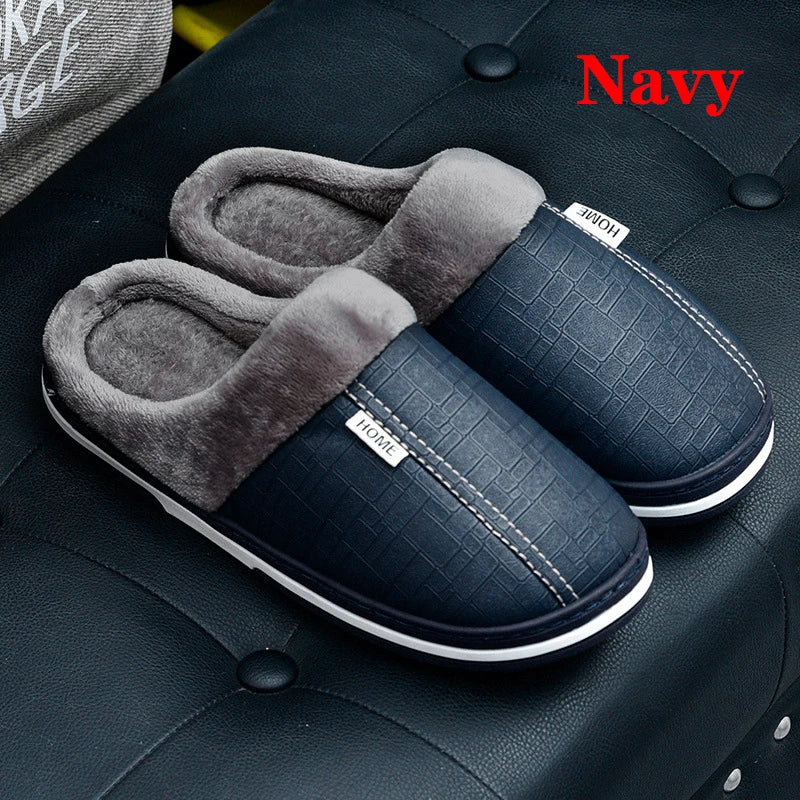 New Women Winter Slippers Indoor PU Leather Waterproof Cotton slippers Warm Home Fur Couple Non-slip Slipper Platform Shoes