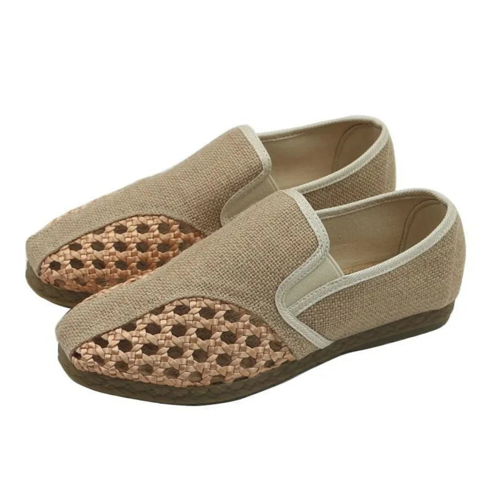 Chinese Style Hollow Summer Breathable Sweat-Absorbing Beef tendon Bottom Soft Bottom Linen Canvas M,en's Slip-On Men's Shoes