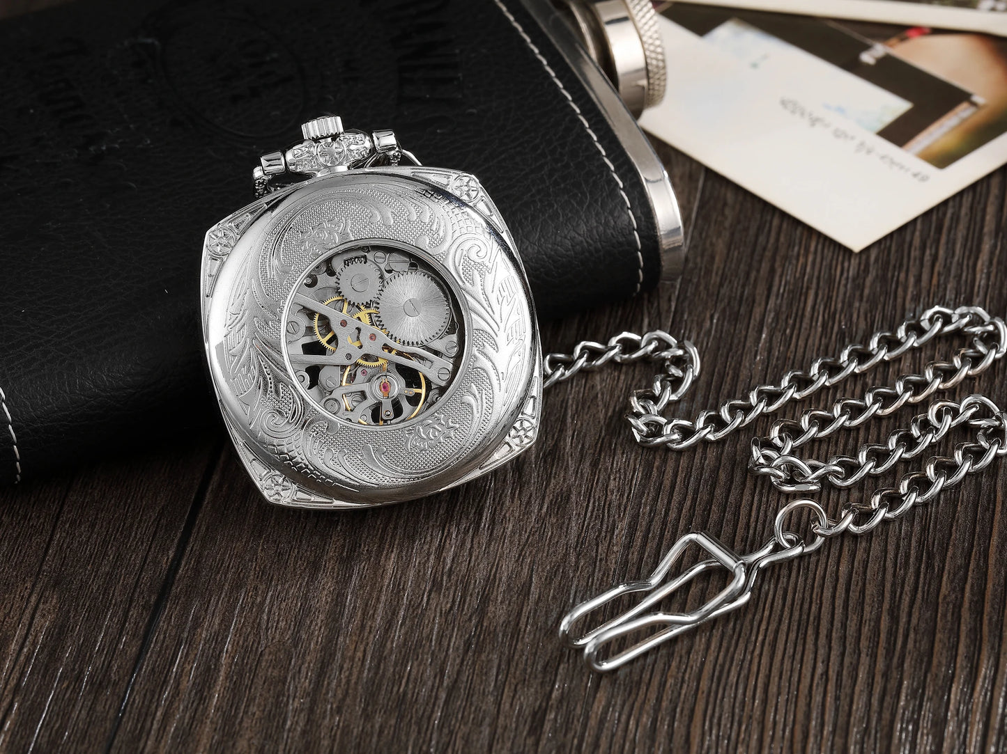 Silver Roman Numeral Square Dial Mechanical Hand Winding Pocket Watch Open Face Elegant Retro Pendant Manual Mechanism Timepiece