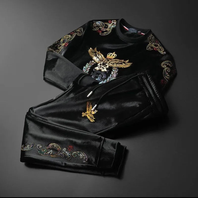 Winter plus velvet men's round neck casual suit fashion high-end embroidery crown eagle padded two-piece set