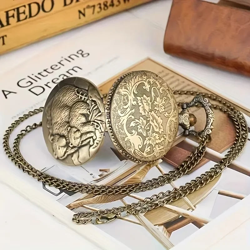 Vintage Grizzly Bronze Animal Carving Quartz Pocket Watch with Necklace, Perfect Gift for Couple Fashion Accessories