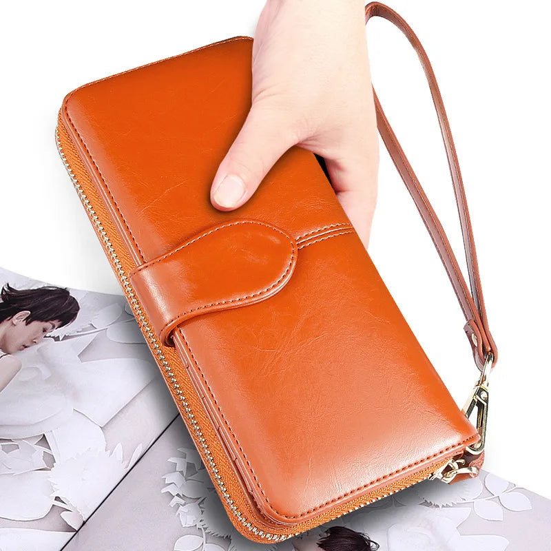 Hot selling women wallet korean American style oil wax wallets zipper note clip women card package mobile phone women clutch