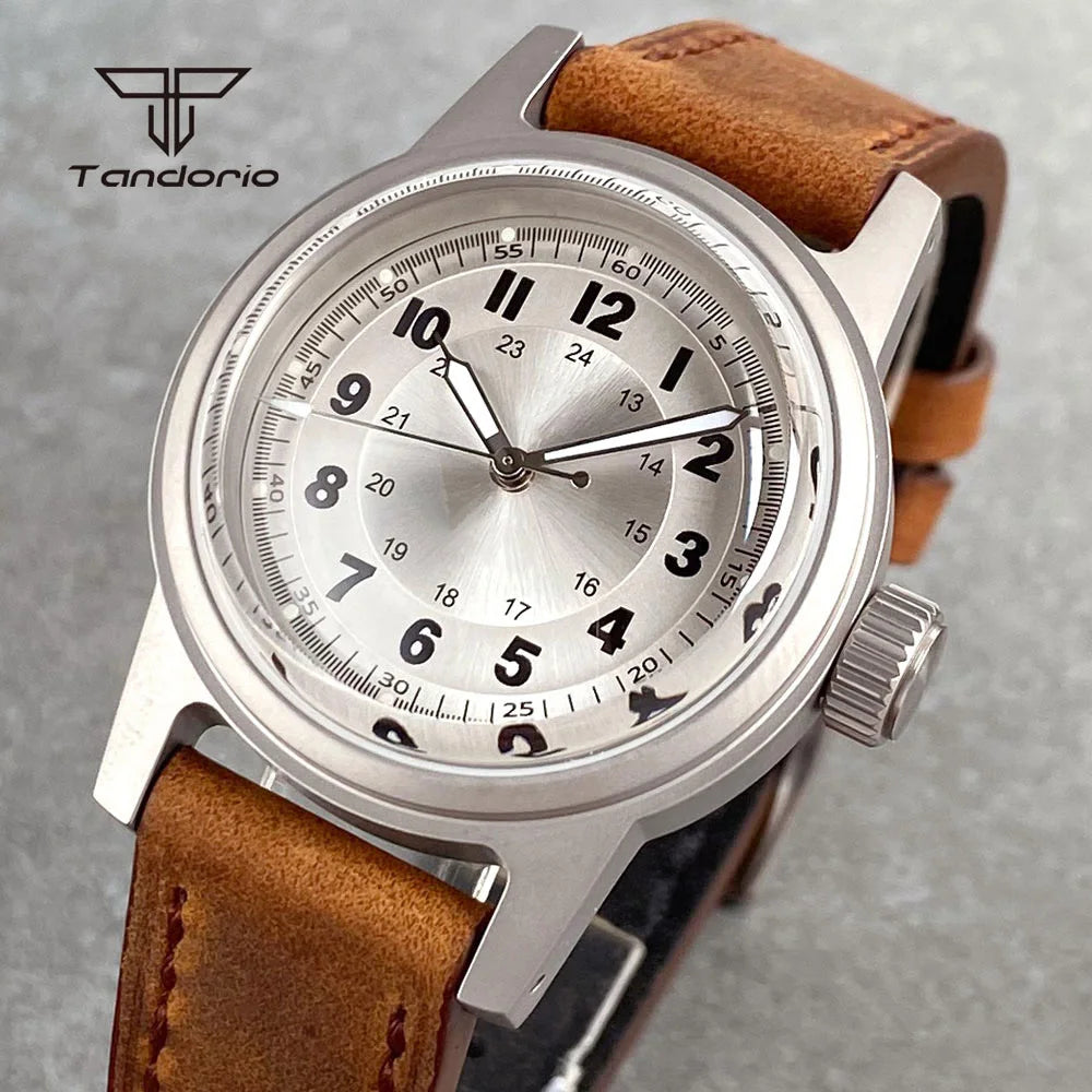Tandorio Sandblasted 36mm Men's Dive Mechanical Wristwatch Domed Sapphire Crystal NH35 PT5000 20BAR Luminous Watch Date Leather