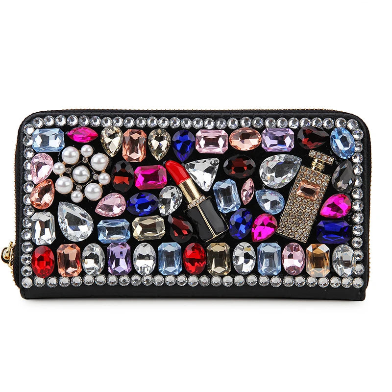 Luxury Diamond Women Long Purse Card Holder Coinetter Color Crystal Red Lip Pearl Wallet Pu Leather Zipper Around Wallet Female