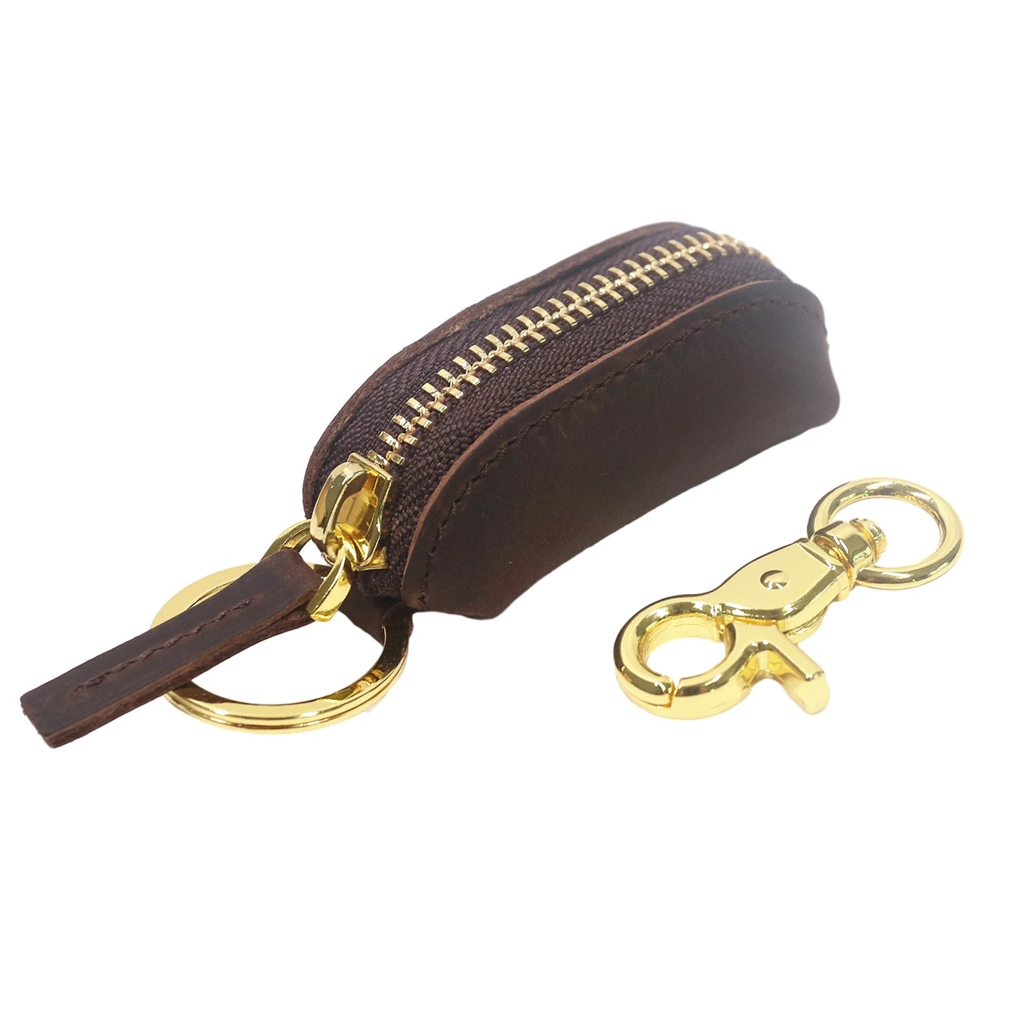 Genuine Leather Coin Pouch Keychain For Men Women Original Cowhide Handmade Small Zipper Coin Purse With Brass Key Chain Holder
